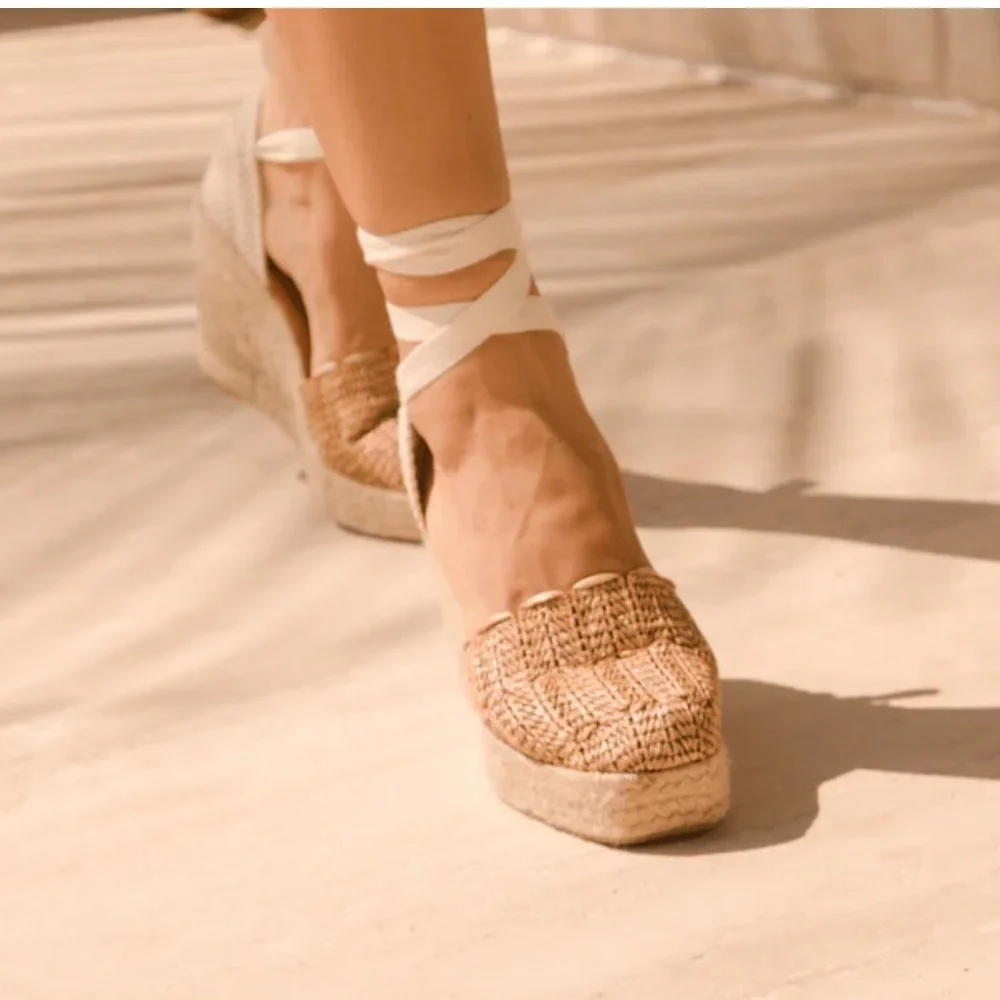 Modatrova Stilvi Raffia Espadrille Wedges Ankle Tie Natural EU 38